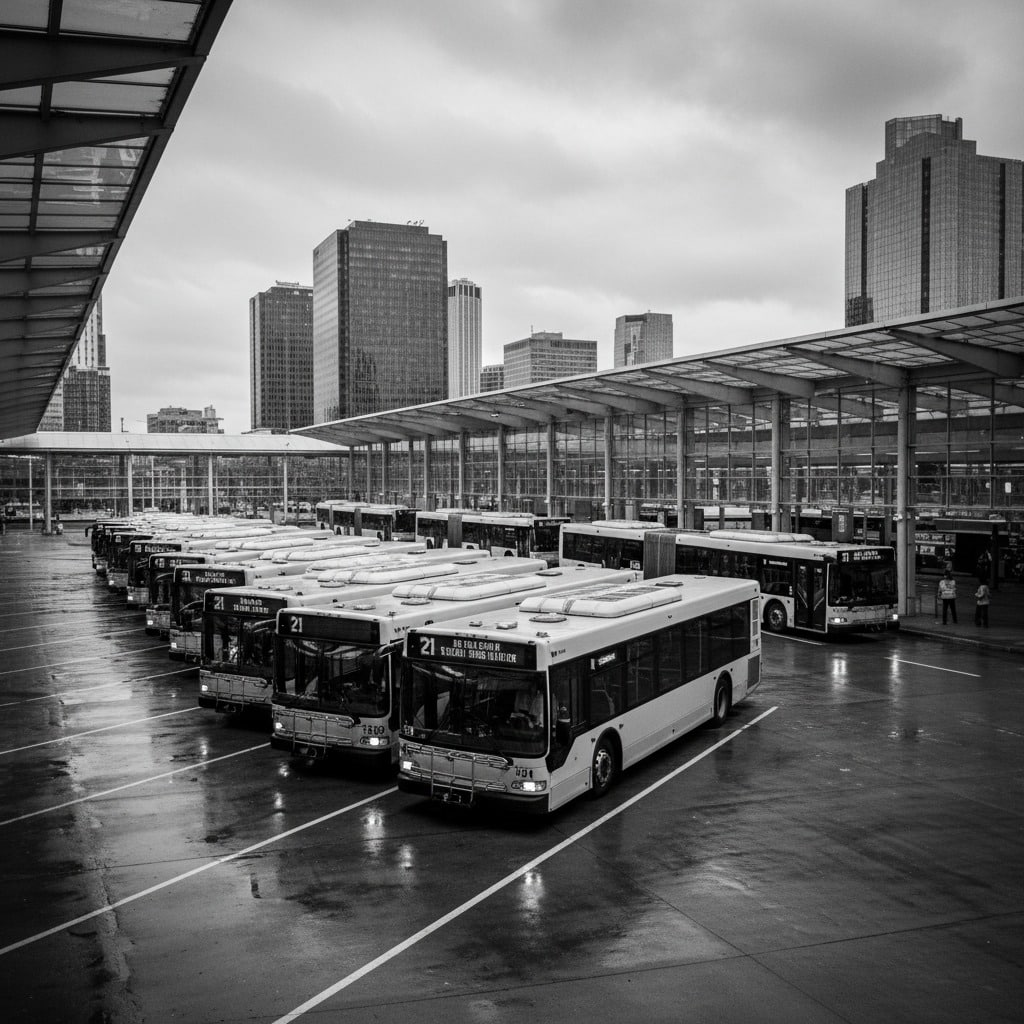A line of city buses is parked at a terminal on a wet, overcast day with skyscrapers in the background.